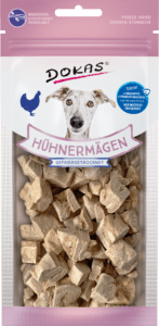 Gefriergetrocknete Hühnermägen als Hundeleckerli; Marke Dokas. Hühnermägen.