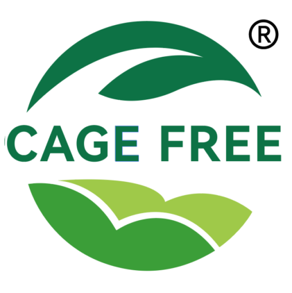 Logo: grüne Blätter und sanfte Hügel, Text „CAGE FREE“