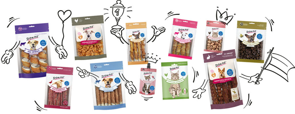 Verschiedene Dokas Snackprodukte für Kutyák und Macskák in Verpackungen, darunter Kau-Spiralen, Hühnerbrust, Entenbrust, Kaustangen, Nyúl-Rücken, Rovarok-Happen, Csirke-Smoothie und mehr – Produktübersicht mit verspielten Illustrationen