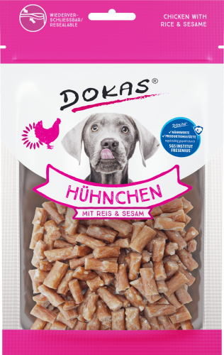 Dokas Hundeleckerlis mit Huhn und Reis; wiederverschließbarer Beutel