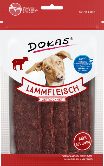Dokas getrocknete Lamm-Hundesnacks; 100 % Lamm, wiederverschließbarer Beutel