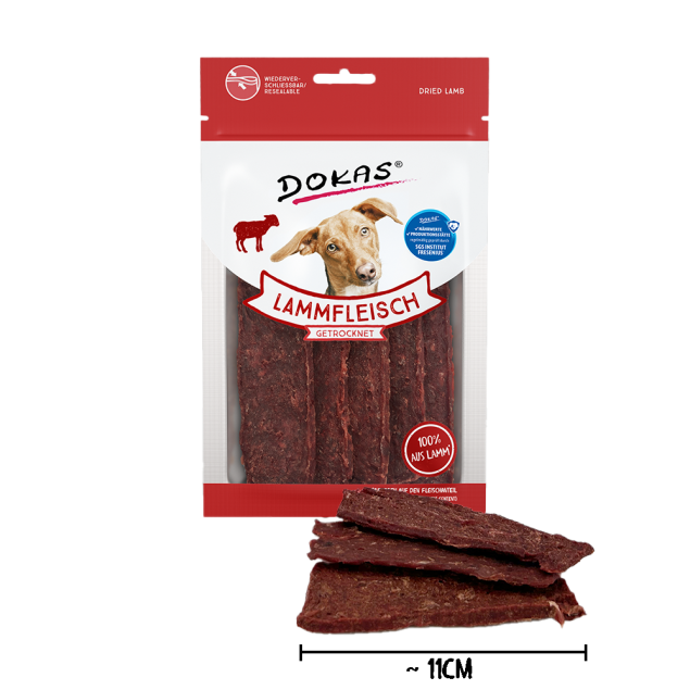 Dokas getrocknete Lamm-Hundesnacks; 100 % Lamm, wiederverschließbarer Beutel, ~11 cm