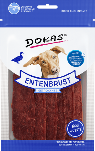 Dokas getrocknete Hundeleckerlis aus Entenbrust; 100 % Entenfleisch. Wiederverschließbarer Beutel.
