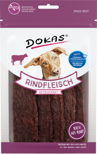 Dokas Trockenfleisch-Hundesnacks, 100% Rindfleisch, wiederverschließbarer Beutel