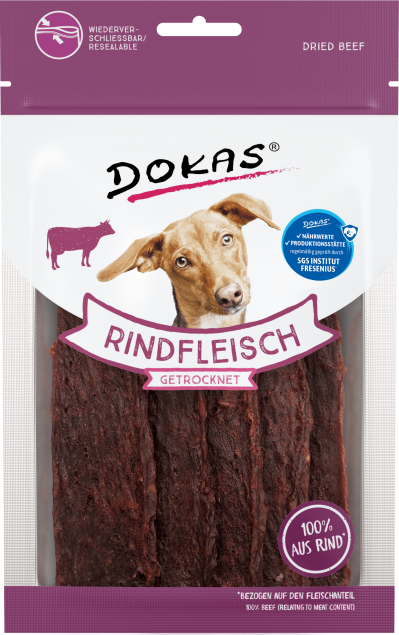 Dokas Trockenfleisch-Hundesnacks, 100% Rindfleisch, wiederverschließbarer Beutel