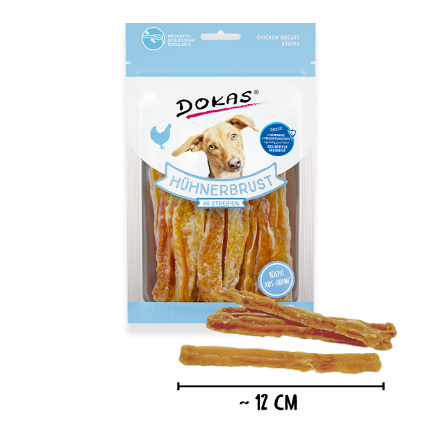 Dokas Hähnchenbruststreifen Hundeleckerli, 12cm lang, 100% Hähnchen