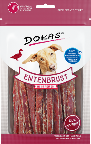 Dokas Hundeleckerli mit Entenbruststreifen; 100 % Entenfleisch. Wiederverschließbarer Beutel.