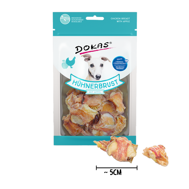 Dokas Hähnchenbrust mit Apfel-Hundesnacks; abgebildete Größe: 5 cm.