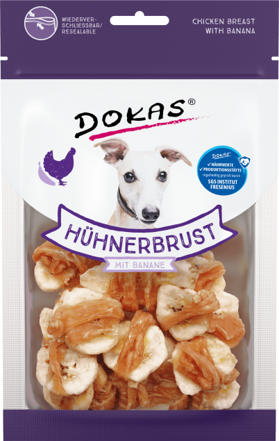 Hundeleckerlis: Hähnchenbrust- und Bananen-Kauknochen von Dokas.