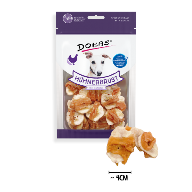 Dokas Hähnchenbrust mit Banane Hundeleckerlis; wiederverschließbarer Beutel und Probeleckerlis