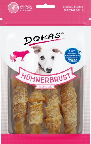 Dokas Hähnchenbrust-Kaurollen für Hunde. In der Verpackung sind drei Rollen abgebildet.