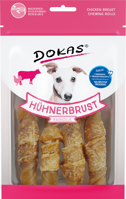 Dokas Hähnchenbrust-Kaurollen für Hunde. In der Verpackung sind drei Rollen abgebildet.