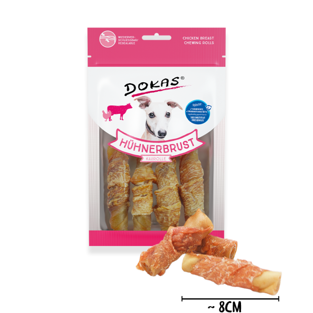 Dokas Hähnchenbrust-Kaurollen für Hunde. Hühnerbrust Kaurolle.