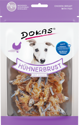 Dokas Hähnchenbrust mit Fisch Hundeleckerlis; wiederverschließbarer Beutel