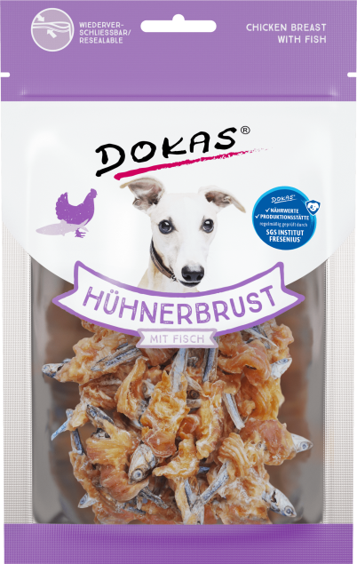 Dokas Hähnchenbrust mit Fisch Hundeleckerlis; wiederverschließbarer Beutel