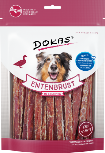 Verpackung für Hundeleckerlis mit Entenbruststreifen und Bild eines glücklichen Hundes