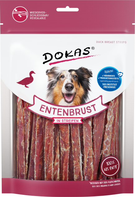 Verpackung für Hundeleckerlis mit Entenbruststreifen und Bild eines glücklichen Hundes