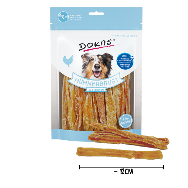 Dokas Hähnchenbruststreifen Hundeleckerlis; 12cm lang, 100% Hähnchen