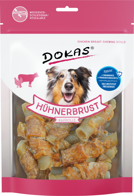 Dokas Chicken Breast Chewing Rolls Hundeleckerlis im Beutel. Hühnerbrust Kaurolle.