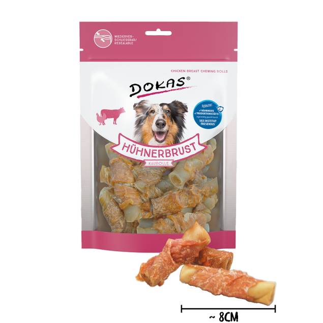 Dokas Hähnchenbrust-Kaurollen für Hunde. ~8cm