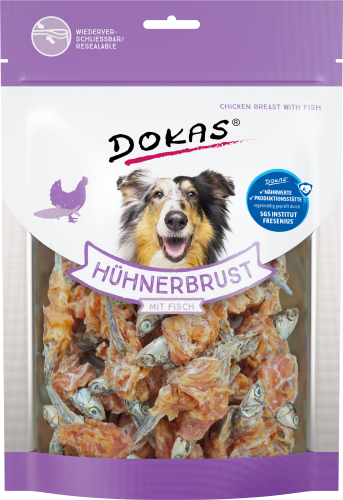 Dokas Hähnchenbrust mit Fisch Hundeleckerlis Verpackung