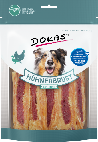 Hundeleckerli-Paket mit Hühnchen- und Entengeschmack mit einem glücklichen Hund