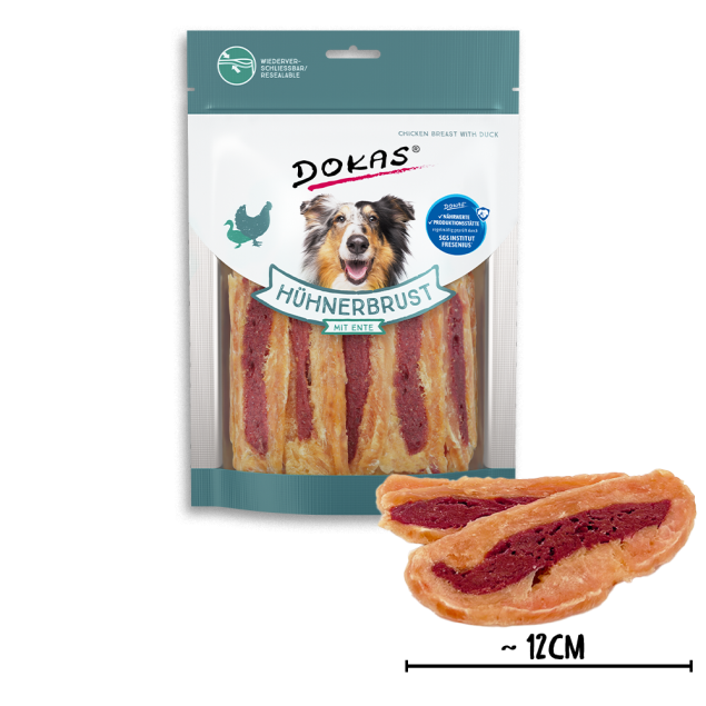 Dokas Hähnchenbrust mit Enten-Hundesnacks; wiederverschließbarer Beutel und Leckerli-Größe abgebildet.