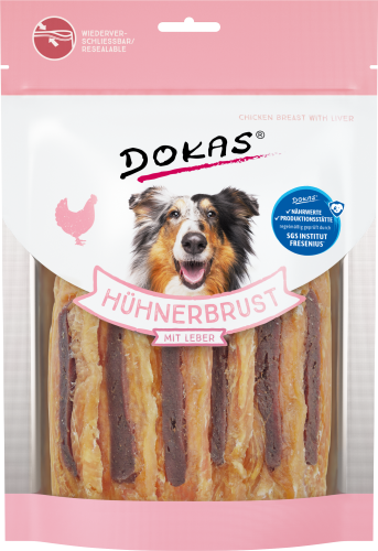 Dokas Hundeleckerlis, Hähnchenbrust mit Lebergeschmack in rosa Verpackung