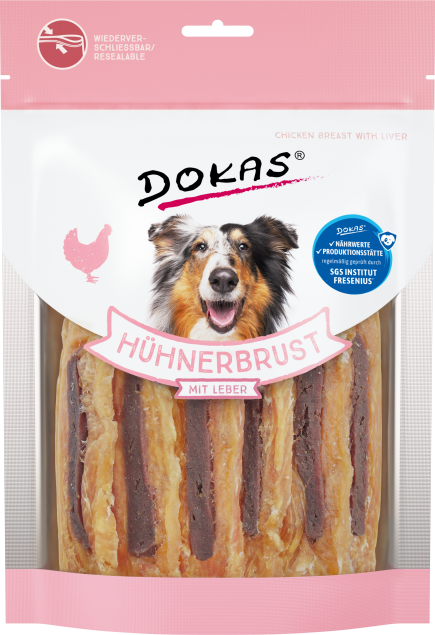 Dokas Hundeleckerlis, Hähnchenbrust mit Lebergeschmack in rosa Verpackung