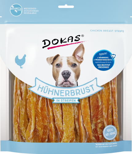 Dokas Hähnchenbruststreifen Hundeleckerli-Verpackung mit Hundegesicht
