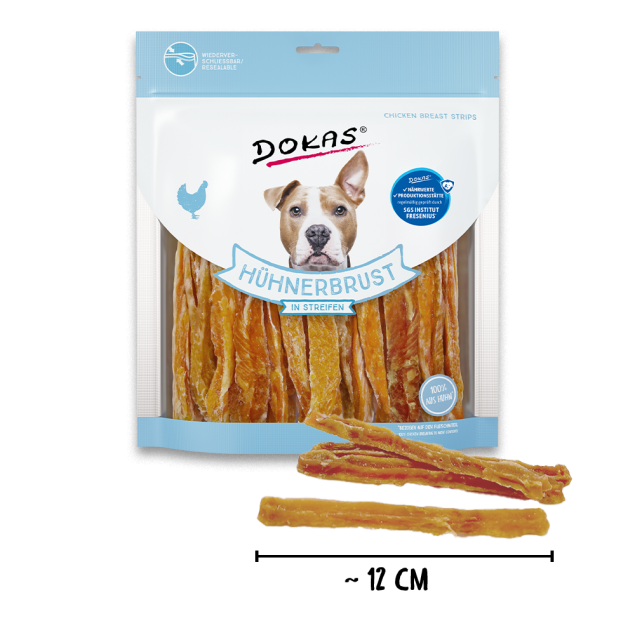 Dokas Hähnchenbruststreifen Hundeleckerlis; 12cm lang, 100% Hähnchen