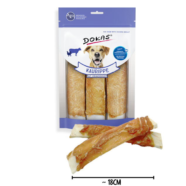 Dokas Kaurippen Hundekauknochen mit Hähnchenbrust. Drei Kauknochen in der Verpackung, zwei außen.