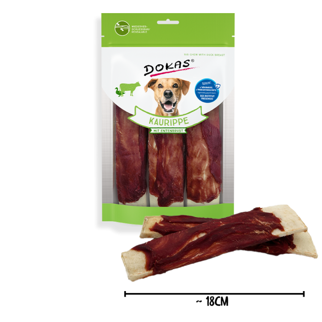 Dokas Kaurippen Hundekausnacks mit Entenbrust. Drei Kausnacks in einer Packung und zwei separat ausgestellt.