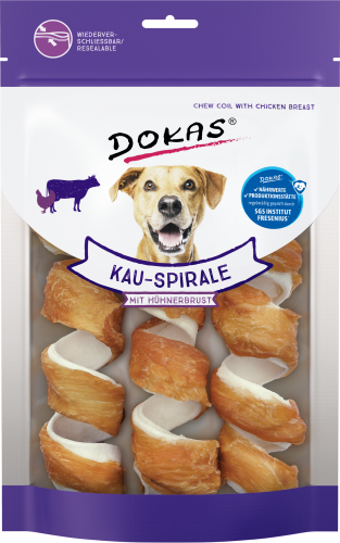 Dokas Hähnchenbrust-Kauspiralen für Hunde in lila Verpackung