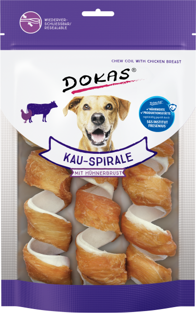 Dokas Hähnchenbrust-Kauspiralen für Hunde in lila Verpackung