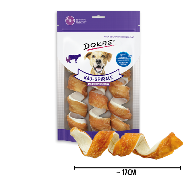 Dokas Kau-Spirale Hundekausnacks mit Hähnchenbrust. Wiederverschließbarer Beutel.