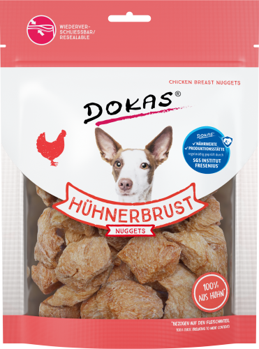 Hundeleckerlis mit der Aufschrift „Hühnerbrust Nuggets“ in wiederverschließbarer Verpackung