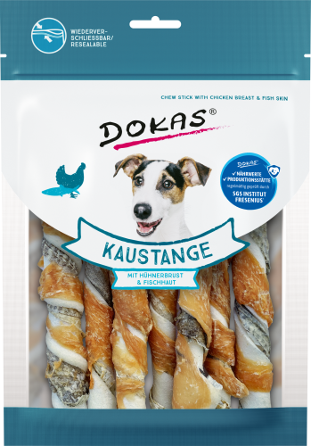 Dokas Hundekausticks mit Hähnchenbrust und Fischhaut in Verpackung