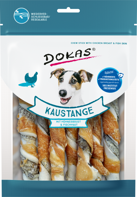 Dokas Hundekausticks mit Hähnchenbrust und Fischhaut in Verpackung