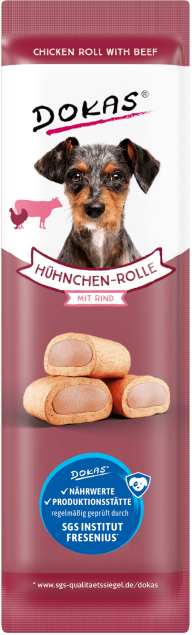 Hundesnacks aus Dokas-Hühnchen und Rind; Hähnchen-Rolle mit Rind