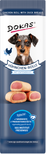 Dokas Chicken Roll Hundeleckerlis mit Entenbrust. Qualitätssiegel des SGS Institut Fresenius.