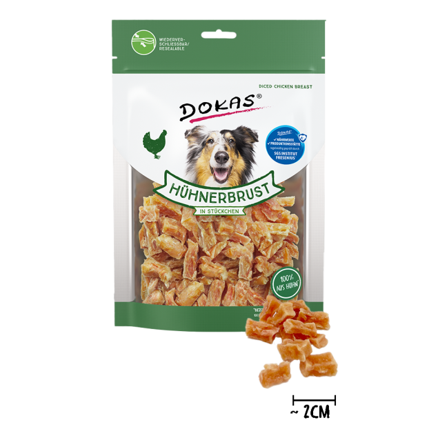 Dokas gewürfelte Hähnchenbrust-Hundesnacks; 100 % Hähnchen, ~2 cm große Stücke.
