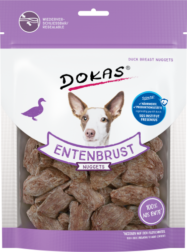 Dokas Entenbrust Nuggets Hundeleckerli-Verpackung mit Entenbrust-Nuggets