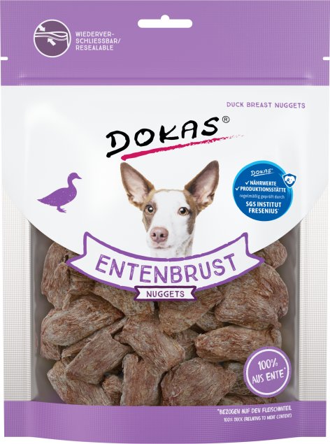 Dokas Entenbrust Nuggets Hundeleckerli-Verpackung mit Entenbrust-Nuggets