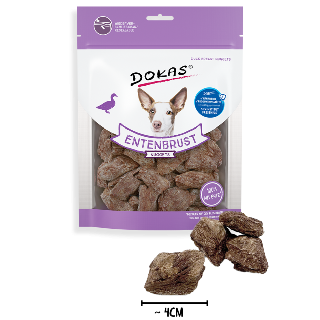 Dokas Duck Breast Nuggets Hundeleckerlis; 100 % Ente, wiederverschließbarer Beutel