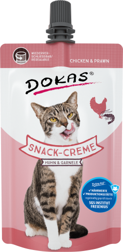 Dokas Katzensnackbeutel, Hühnchen- und Garnelengeschmack. Wiederverschließbar.