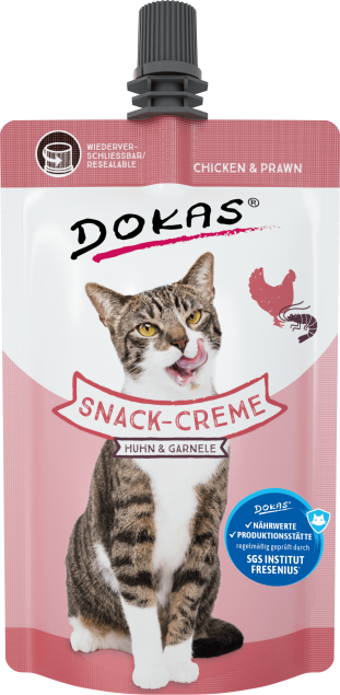 Dokas Katzensnackbeutel, Hühnchen- und Garnelengeschmack. Wiederverschließbar.