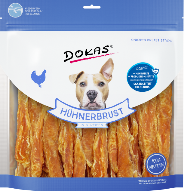 Hundeleckerlibeutel mit Hähnchenbruststreifen und Hundeillustration