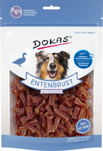 Verpackungen für Hundeleckerlis mit der Aufschrift „Entenbrust“ mit einem Bild eines Hundes und gewürfelter Entenbrust