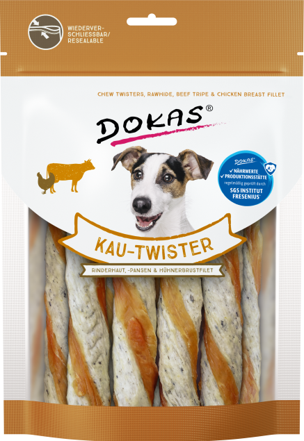 Packung Dokas Kau-Twister Hundeleckerlis mit Rind und Huhn
